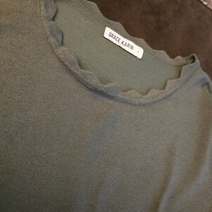 Grace Karin Sweater Women's L Olive Green Short Sleeve Scalloped Neck & Hems